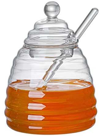 HZIYOU Tarro de miel y cuchara de miel y olla de miel de vidrio, olla de miel resistente al calor para la cocina del hogar (400 ml)