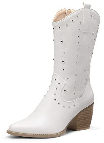DREAM PAIRS Women's Western Cowboy Cowgirl Boots, Artistic Embroidery, Studs, Cuban Heel, Side Zipper, Breathable Interior, Party, Winter, Concert, Size 8,White,SDMB2207W