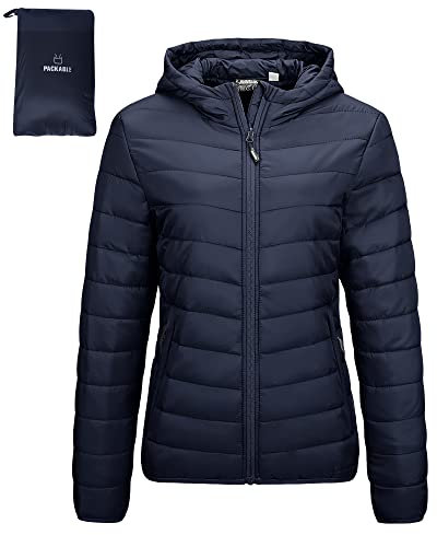 Outdoor Ventures Women's Winter Lightweight Puffer Jacket with Hood, Warm, Short, Packable, Quilted, Transitional, Padded Jacket for Ladies, Lined for Hiking, Travel Deep Blue L