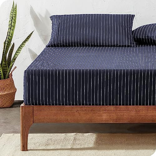 Drap-Housse Bare Home - Microfibre Premium 1800 - Extra Doux - Résistant aux froissements, à la décoloration et aux Taches - avec Poches Profondes (90 x 200, Fines Rayures - Minuit/Blanc)
