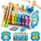 KIDWILL Montessori Spielzeug ab 2 3 4 Jahre, 7 in 1 Holz Lernspielzeug Hammerspiel & Angelspiel & Xylophon & Labyrinth & Zahnradspiel & Lernuhr & Würmer fangen, Magnetspiel für Kinder -Eule Version