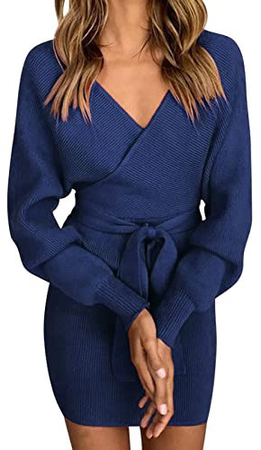 heekpek Women Jumper Dress Bodycon Long Sleeve Jumper Dresses Slim Fit Sweater V Neck Knitted Jumper for Office, Parties, Leisure, Cocktail Parties, Navy Blue, Size L