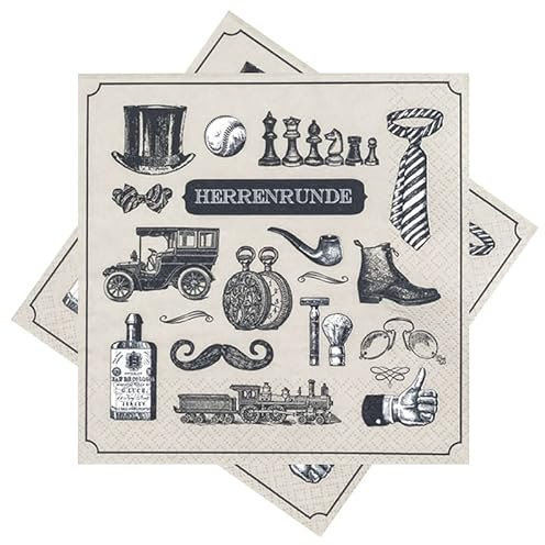 ZauberDeko Servietten 'Herrenrunde' Bart Auto Zug Krawatte Taupe Schwarz Tischdeko 33 x 33 cm 20er Pack