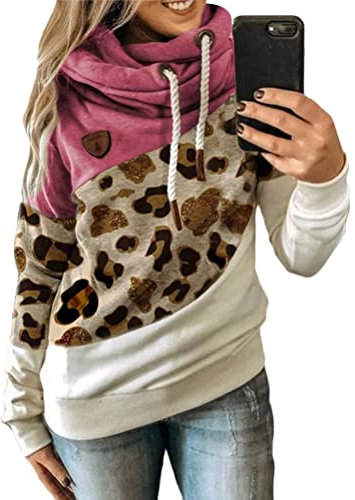 Onsoyours Donna Felpa con Cappuccio Autunno Inverno Manica Lunga Cappotto Giacca Pullover Larghe Hoodie Patchwork a Blocchi di Colore Sweatshirt Hoodies D Fucsia M
