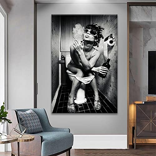 Zhadongli Art Schwarz-Weiß-Wandkunst auf Leinwand, Frau, die in der Toilette raucht, Druck, Poster, Toilette, Bar, Badezimmer, Bilder, Wanddekoration, 70 x 100 cm (28 x 39 Zoll) mit Rahmen