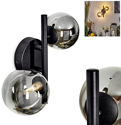 Wandleuchte Chehalis, moderne Wandlampe aus Metall/Glas in Schwarz/Rauchfarben, Retro/Vintage Leuchte mit Schirmen aus Rauchglas (Ø 10/12,5 cm), 2-flammig, 2 x G9, ohne Leuchtmittel