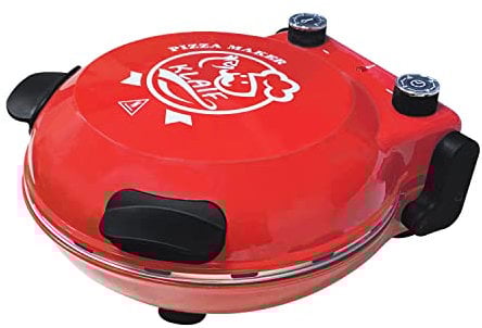 Klaif Pizzaofen, Widerstand über und unten, doppeltes Thermostat, Teller aus feuerfestem Stein 31 cm, Durchmesser reversibel und abnehmbar, Griffe, Timer, 1200 W, rot