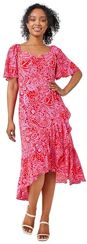 Roman Petite Floral Print Ruched Midi Dress for Women UK - Ladies Spring Everyday Summer Holiday Sweetheart Neckline Comfy Short Sleeve Soft Frock Frill Hem Gowns - Pink - Size 12