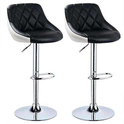 Drumm Lot de 2 Tabourets de Bar avec Dossier&Repose-Pieds,Design Chaise Haute pour Bar,Réglable en Hauteur&Rotative à 360°,Revêtement en Cuir PU(Noir+Blanc-2)