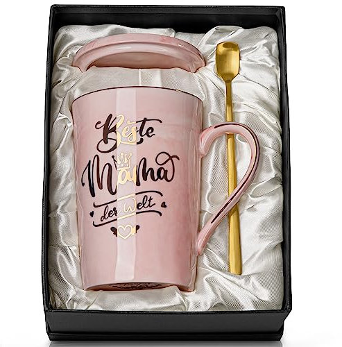 Doublewhale Mama Geschenk, Geschenke für Beste Mama der Welt Tasse, Geburtstagsgeschenk für Mutter, 14Oz Keramik Kaffeetasse mit Deckel, Löffel, Grußkarte, Geschenkbox