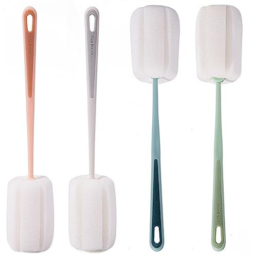 4 cepillos para botellas de esponja, cepillo de limpieza con mango largo, cepillo de espuma, cepillo de cocina para agua, botella de cerveza, copas de vino, tazas