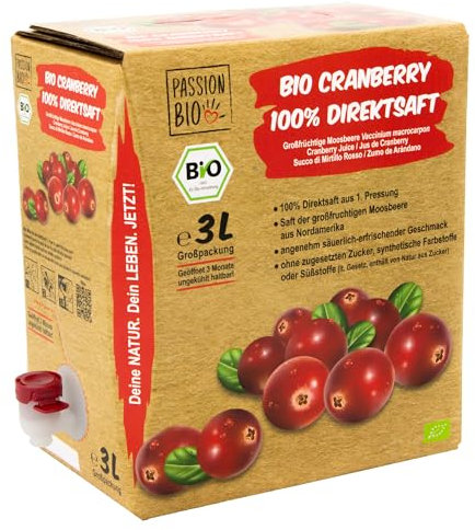 Bio Cranberrysaft, 3 Liter - 100% Bio Cranberry Direktsaft aus Kanada - abgefüllt in Deutschland - ohne zugesetzem Zucker (lt. Gesetz), enthält von Natur aus Zucker