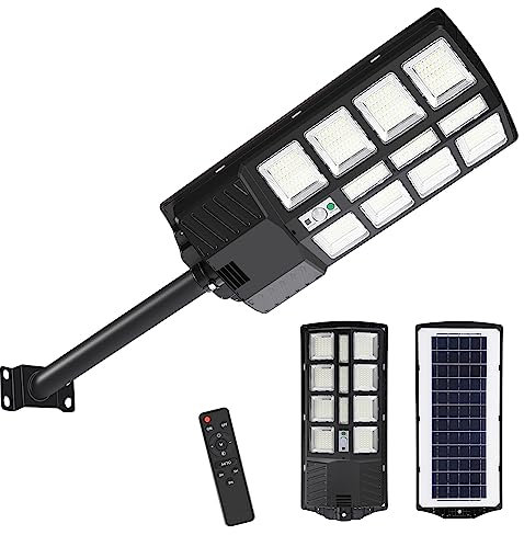 Herrselsam Réverbère Lampadaire Solaire Extérieur 400W Lampe solaire à LED d'extérieur Lampe solaire à détecteur de mouvement 6500K Lampadaire solaire IP67 Étanche Lampe solaire murale