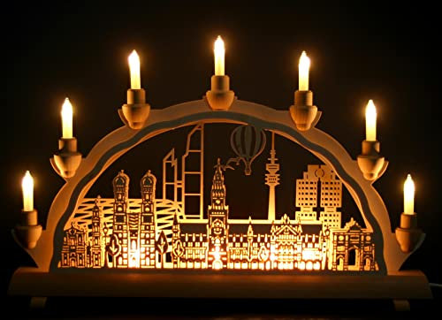 Schwibbogen München - Stadtmotiv - 51cm, 7 Kerzen + Vorbeleuchtung - Feine Handarbeit aus dem Erzgebirge - Weihnachten erzgebirgischer Lichterbogen