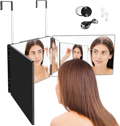 Jacgood 360 Grad Spiegel mit Led- Klappspiegel Friseur Spiegel 3 Wege Rasierspiegel mit Halterungen, Höhenverstellbarer Kosmetikspiegel Rasierspiegel Friseurspiegel für Makeup Rasieren Frisieren