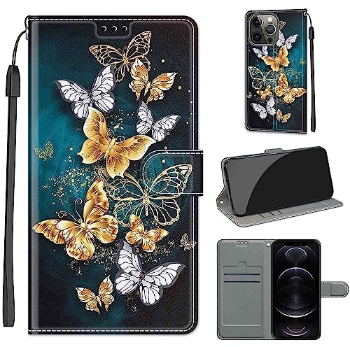 TOMYOU PU Leather Wallet Case for iPhone 13 Pro Max, Butterfly | Pouch Design, Book Flip Folio, Magnet Closure, Kickstand, Card Slots, Wrist Strap Lanyard, Pattern Style
