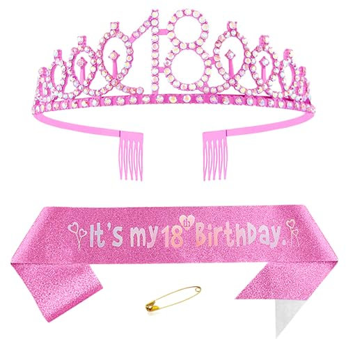 18. Geburtstags Krone und Schärpe für Mädchen Kristall Queen Tiara Princess Crown Rosa 18th Birthday Schärpe 18th Geburtstagskrone Geburtstagsschärpe Girls Geburtstag Dekoration Geburtstagsgeschenk