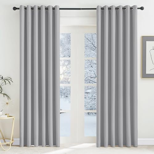 KGORGE Thermogardine Wärmeisolierend Verdunklungsvorhänge Ösen Gardienen 2-Set 220 x 200 cm(HxB) Grau Wohnzimmer Ösenvorhang Blickdicht, Hellgrau