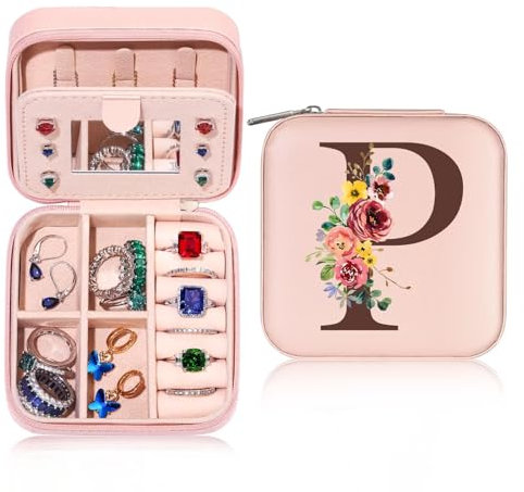 TINGN Kleine Schmuckschatulle mit Anfangsbuchstaben P und Blume Initiale Schmuckkästchen Travel Organizer Box Geschenke für Damen Mädchen Geschenke für Weihnachten Geburtstage Hochzeit Brautjungfer