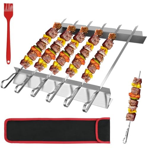 BBQ Skewers Stainless Steel Set with Holder, Kebab Grill Skewers with 6 Barbecue Grill, Meat Skewers Accessories for Meat Shrimp Chicken Vegetable, Gas Grill, Outdoor BBQ