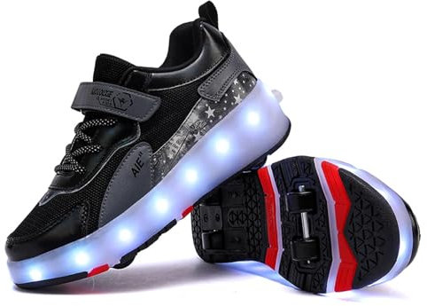 Mateju Schuhe mit Rollen für Jungen Mädchen Kinder Rollschuhe Schuhe mit 4 Rollen, 2 in 1 Turnschuhe Versenkbarer, Damen Herren Roller Schuhe Turnschuhe Skateboardschuhe 38 EU Schwarz