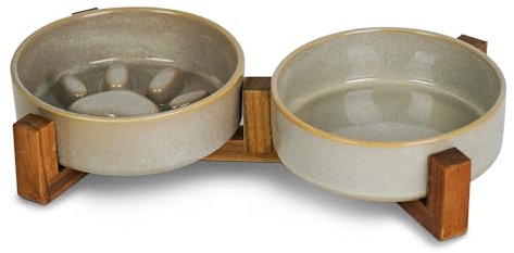 Dog Slow Feeder Ceramic Bowls Set with Stand, Cute Paw Slow Feeding Food Bowl and Water Bowl for Medium Breed, Size 6.3 Dx2 H, Ceramics Dog Dishes, Non Slip, Brithday Gifts, Grey