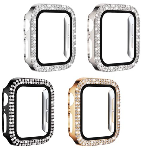 4 Pezzi Cover Apple Watch Custodia Apple Watch SE 40mm Diamantato PC Bumper Bling Custodia Compatibile per Apple Watch 45mm 41mm 40mm Donna Glitterato Diamante Smartwatch Cover