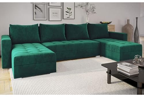 Easy4You Ecksofa FORSET Velours U-Form Grün – 301x80x145 cm - Schlafsofa mit Schlaffunktion und Bettkasten - Eckcouch - Kissen – Stoff Manila 35