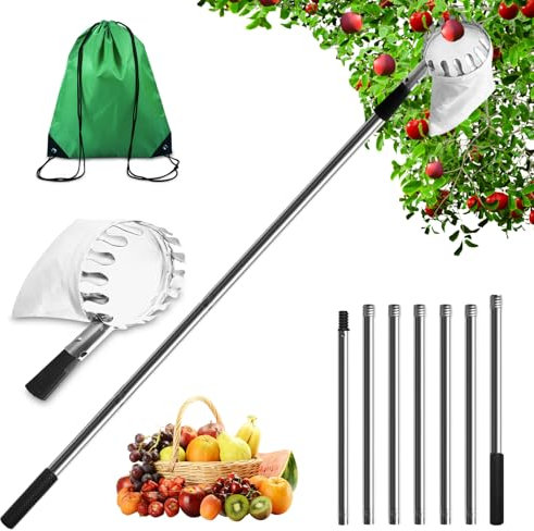 Recogedor de frutas de 16 cm de diámetro, 2,8 m, recogedor de manzanas con mango telescópico, recogedor de cerezas con bolsa de algodón, recogedor de cerezas de aluminio para la cosecha de manzanas,