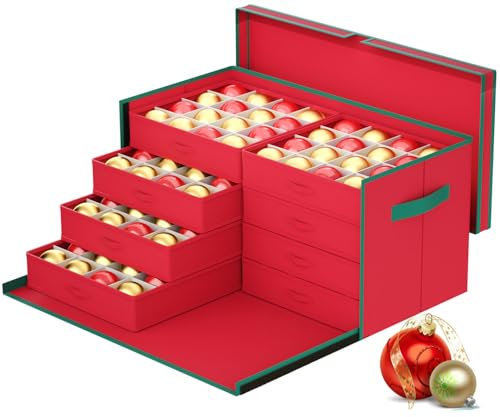 FCSJOST Caja de almacenamiento para adornos navideños con separadores, puede contener hasta 325-7,6 cm, adornos navideños con 8 bandejas, tapa extraíble roja para bolas de Navidad