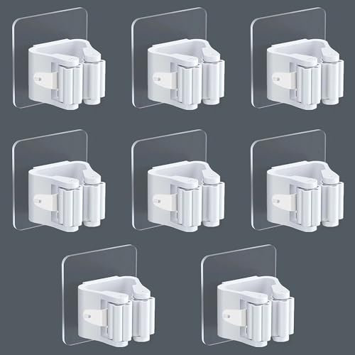 medaheky 8Pcs Broom Holder Wall Mounted Self Adhesive Mop Holder Wall Mount No Drill Broom Clips Brush Hook Broom Bracket Organizer Clip for Bathroom Kitchen Office Garden White