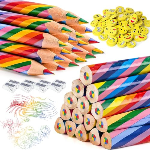 84 Stück Regenbogen Buntstifte Set, 40 Buntstifte(20 Dreikant und 20 Sechseck), 40 Radiergummis und 4 Bleistiftspitzer, Farbstifte Set für Kinder, für Zeichnung Pencil, Schule, Büro, Haushaltswaren