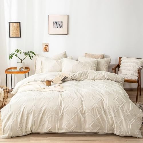 Freyamy Boho Bettwäsche 220x240cm Beige Getuftet Geometrische Ästhetik Bettwäsche-Sets Stickerei Shabby Chic Microfaser Deckenbezug 1 Bettbezug mit Reißverschluss und 2 Kissenbezug 80x80cm