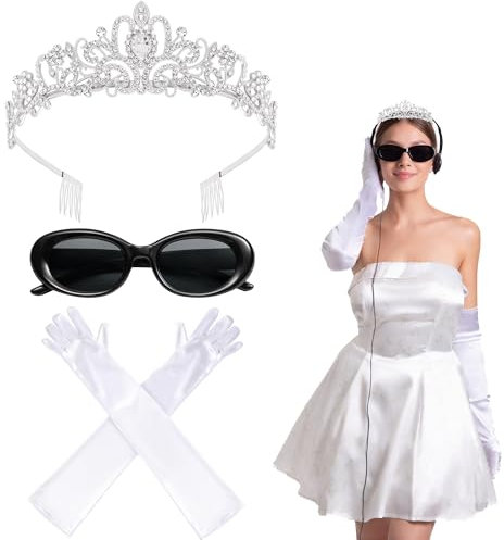Yezmo Prinzessin Diaries Kostüm Zubehör, Prinzessin Tiara Krone Kostüm Zubehör Für Frauen Mädchen Mit Kristallkrone Sonnenbrille Und Weiße Lange Handschuhe Für Cosplay