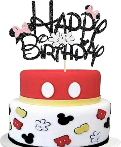 SYKYCTCY 1 Pack Mini Inspired Happy Birthday Cake Toppers with Glitter Bow Mini Mouse Inspired Cake Pick Decorations for Baby Shower Kids Birthday Party Decorations Supplies (Color-03)