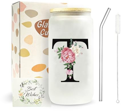 JEKUGOT Personalised Travel Mug, Tumbler Glass Cups with Lids and Straws, A-Z Custom Mugs, Glass Coffee Travel Mug, Iced Coffee Cup Birthday Gifts for Women, Personalised Gifts for Mothers,Friends(T)