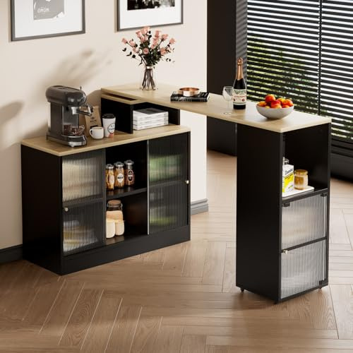 KOMHTOM Central Cuisine avec Buffet et Table Extensible, Table Bar avec Portes vitrées Meubles de Rangement Table Haute Mange Debout Buffet Salle a Manger Salon