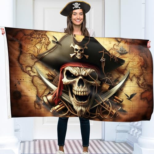 Piratenflagge 90x150 cm mit Ösen – Groß Piratenflagge Kinder – Lebendiger Digitaldruck – Piraten Fahne Gekreuzte Schwerter - Jolly Roger Flagge – Doppelnaht