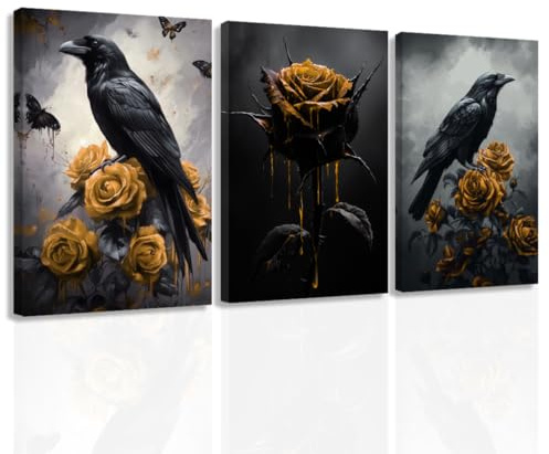 ZXHYWYM Gothic Leinwand Wanddekoration 3er Set Krähe und Rose Kunstdrucke dunkle Gothic Bilder Halloween schwarze Krähe Gemälde für Heimdekoration gerahmt (28x35cmx3)