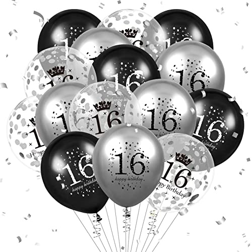 Luftballon 16. Geburtstag Deko 15 Stück Schwarz Silber Ballons-16 Jahre Geburtstagsdeko Birthday Deko Latex Konfetti Ballon für Jungen Mädchen Kinder 16. Jubiläum Party Dekoration 12Zoll