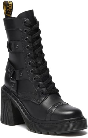 Dr. Martens Women's Chesney Harness Flare Heel Leather Boots, Black Sendal, 5 UK, 7 Women US