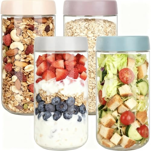 Otauoaea 4 Stück Overnight Oats Gläser, 680ml Meal Prep Gläser mit Schraubdeckel, Overnight Hafergläser Luftdichte, Meal Prep Glas für Salat, Müsli, Joghurt, Marmelade