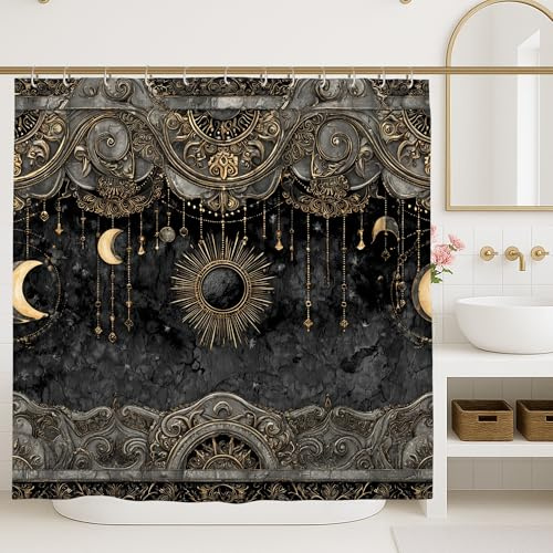 Celestial Duschvorhang, Schwarz und Gold, Mond, Sterne, Badezimmer-Dekor, moderner Bohemian-Stil, wasserdichter Stoff für Sommer und Herbst, mit Haken, 183 x 183 cm