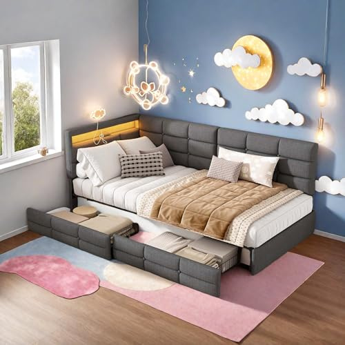 Tagesbett Schlafsofa 90x200 cm, Polsterbett Einzelbett mit 2 Schubladen, Daybett mit LED und USB, Jugendbett Kinderbett Gästebett, Gepolstertes Stauraumbett Bettgestell mit Lattenrost, Leinen, Grau