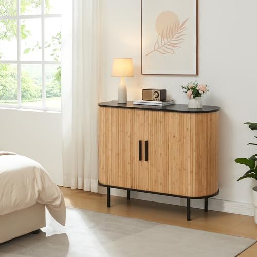 [en.casa] Buffet avec Portes Coulissantes Armoire d'Appoint Meuble Bas Placard Vaisselier Commode avec 8 Compartiments pour Salon Chambre Bureau Entrée MDF Bambou Métal 100 x 40 x 80 cm Noir Naturel