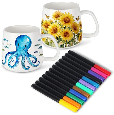 DIY Keramik Bemalen Set–Enthält 2 leere weiße Tassen und 12-farbige Keramik-Aquarellstifte, ein kreatives Tassen Bemalen Set für Kinder und Erwachsene, einTassen Zum Bemalen Kunstkreationsset