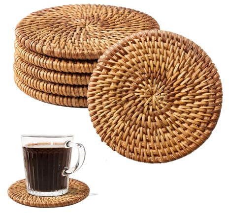 Rattan Coasters Set of 6 Round Woven Natural Heat Resistant Drink Mats for Table Kitchen Home Decor 10cm/ 4in
