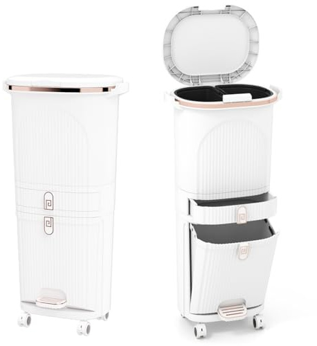 LIFEZEAL Poubelle de Cuisine avec Pédale(Blanc, 42L|1 couvercle, 3 niveaux) | Poubelle de Tri avec 2 Seaux Amovibles et Tiroir, Bac à Tri avec Pédale et Roulettes pour Salon, Cuisine