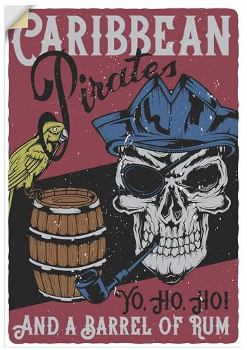 ARTLAND Wanddeko Wandtattoo selbstklebende Vinylfolie Vintage Karibik Piraten Motiv mit Totenkopf, Papagei & Rumfass 'Yo Ho Ho and a Barrel of Rum' Q4VD