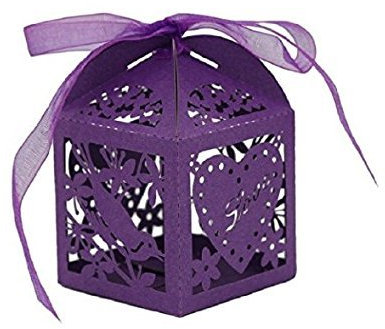 50 pezzi Amore uccelli taglio Laser FAI da te Caramelle Biscotti scatole Regalo Con nastro romantico bomboniere decorazione Viola
